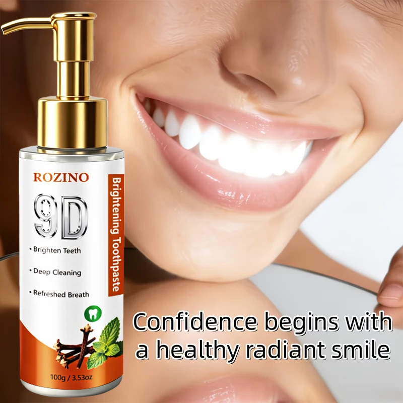 ROZINO 9D Brightening Cleaning Toothpaste 100g, transparent bottle, the bottle is clear and aesthetically pleasing, the paste is fine and easy to lather. It can gently clean the tooth surface, remove surface residue, and freshen breath, providing a refreshing feeling when used. The 100g capacity is suitable for long-term daily use at home.