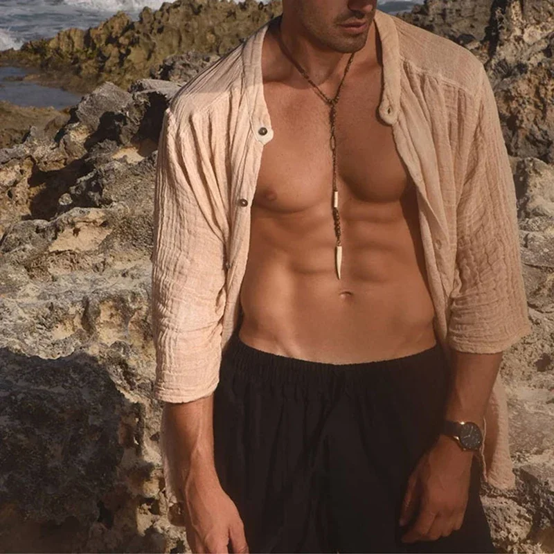 

Men's Spring And Summer Shirt New Solid Color Shirt Men's Loose Thin Long-Sleeved Trend Personalized Beach Casual Shirt Clothing