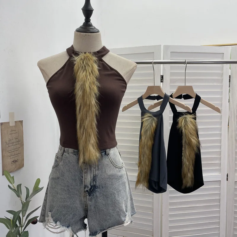 Fluffy Splicing Backless Neck Sling Vest Spice Girl Sexy Slim Short Velvet Plush Crop Top Women