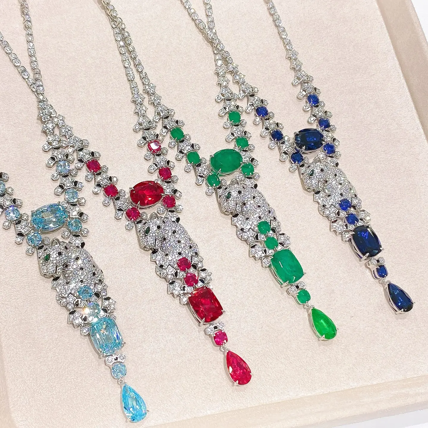 AYJEWELRY Изысканное ювелирное украшение: Теннисное колье из стерлингового серебра 925 пробы с лабораторными синими сапфирами, красными рубинами, изумрудами, в форме панды, черного леопарда и каплевидных элементов