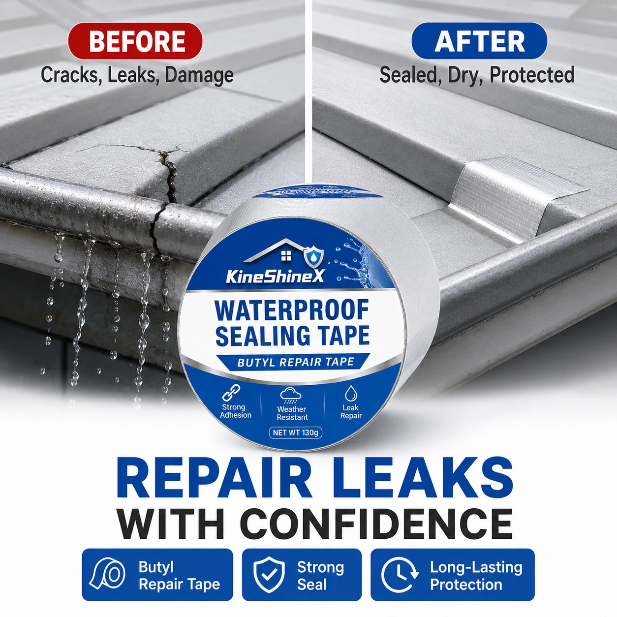Waterproof Butyl Sealing Tape 130g, Heavy Duty Leak Repair Tape for Roofs, Pipes, Windows, Gutters, Wall Cracks and Outdoor Gaps