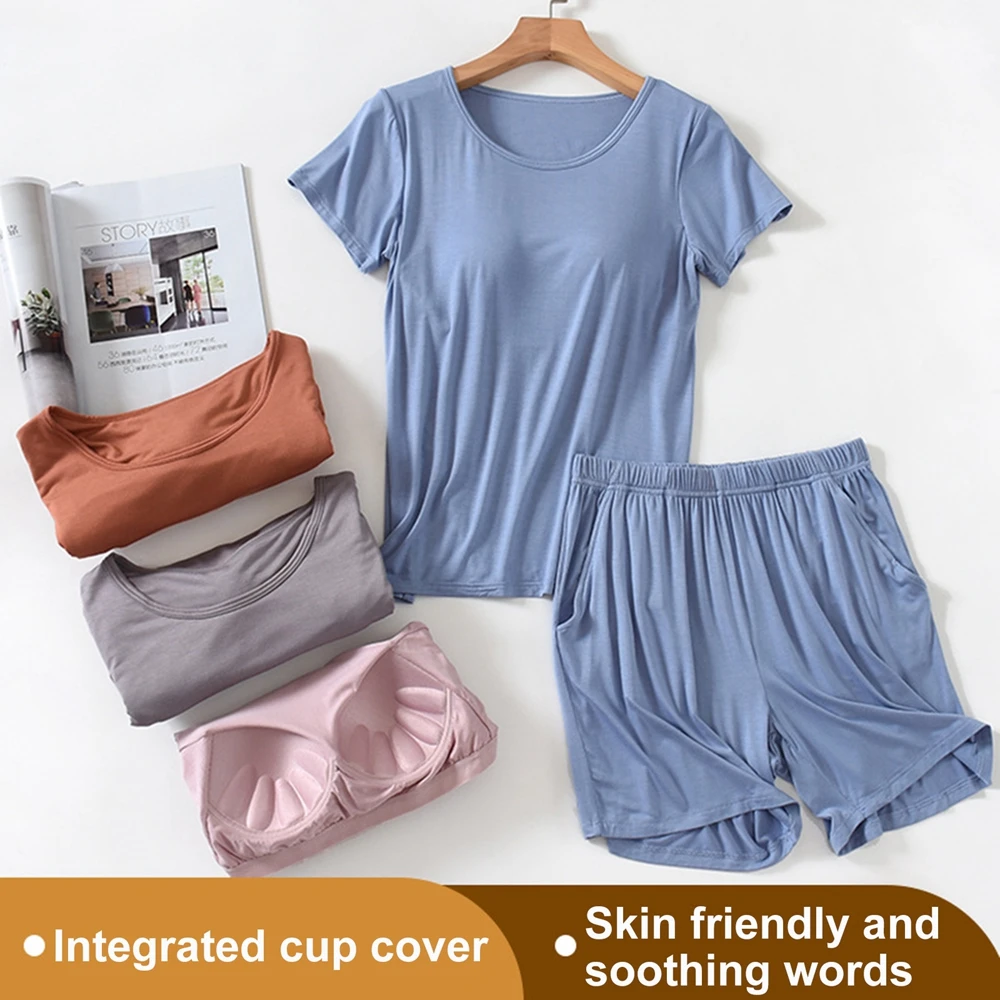 Summer Women Pajamas Set Short-sleeved Shorts With Chest Pad Large Size Loose Comfortable Pajamas Suits Ladies Homewear With Cup