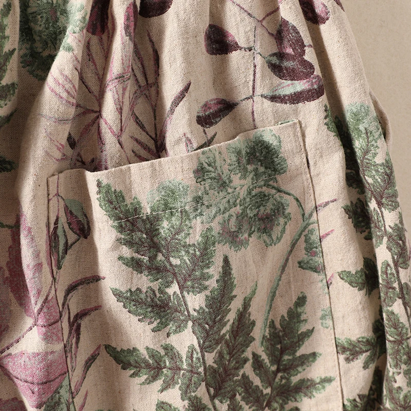 Women's Summer Comfortable Loose Waist Printed Cotton Linen Wide Leg Pants Thin Model Casual Eighteen Pants Floral Pattern