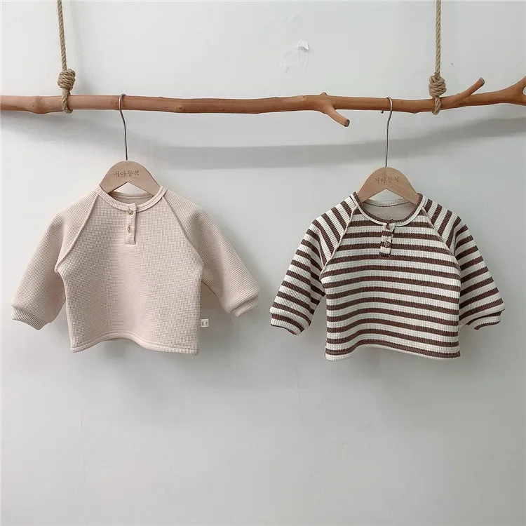 Hoodies Korean Childrens Clothing Thickening Sweater Baby Warm Lattice Plush Long Sleeved Tops Stripe Long Sleeve