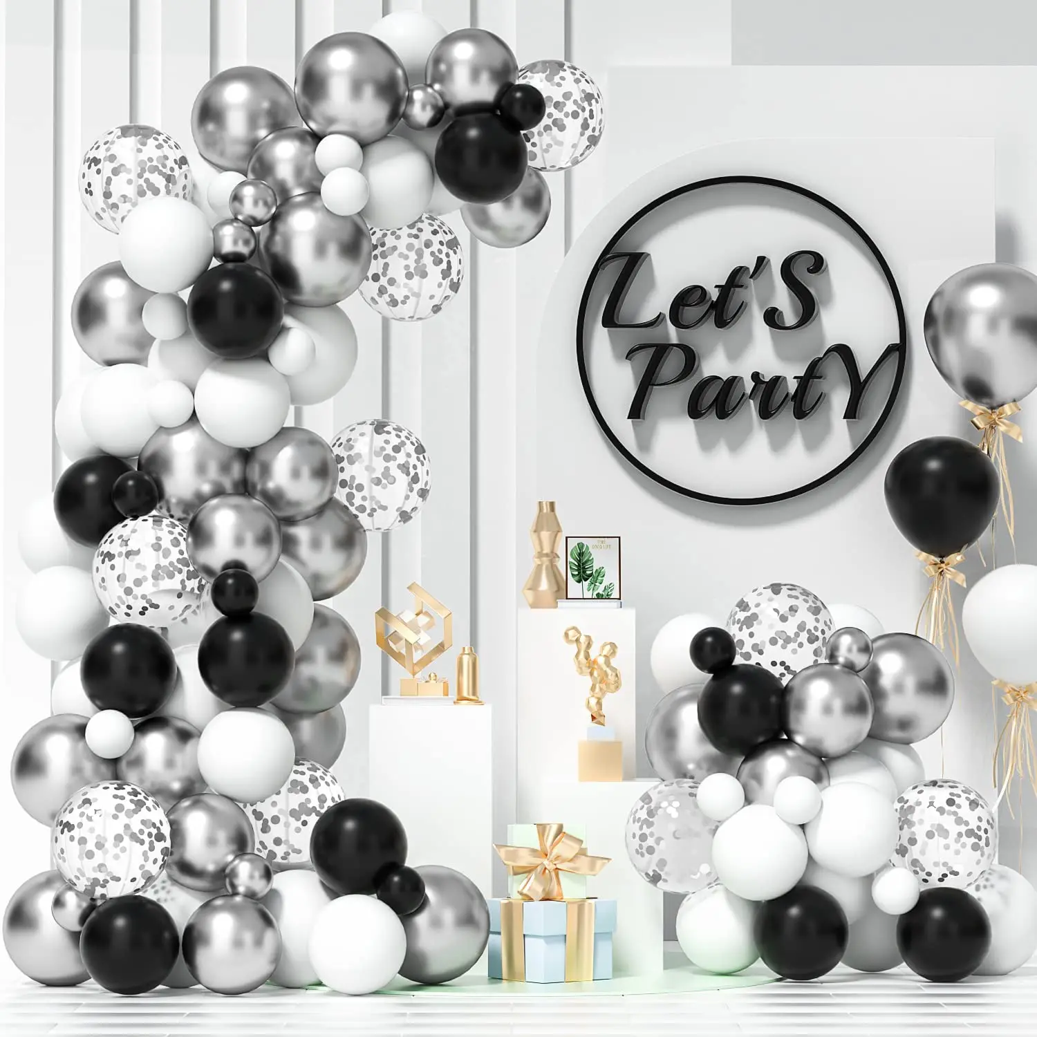 Black White Silver Balloon Garland Kit for Graduation Birthday Wedding Birthday New Year Celebrate Baby Shower Party Decorations