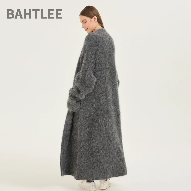 BAHTLEE-Alpaca Wool Cardigan for Women, Super Long Sweater, Long Sleeves, V-Neck Knitted, Jacquard, Winter