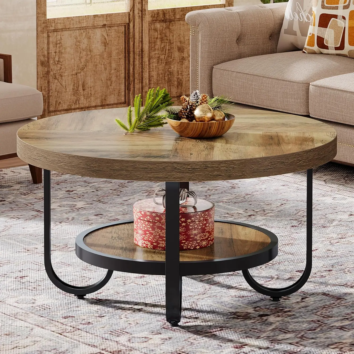 Round Coffee Table, 31.5 Modern Wood Circle Center Table with Storage Shelf and Metal Frame, 2-Tier Industrial Accent
