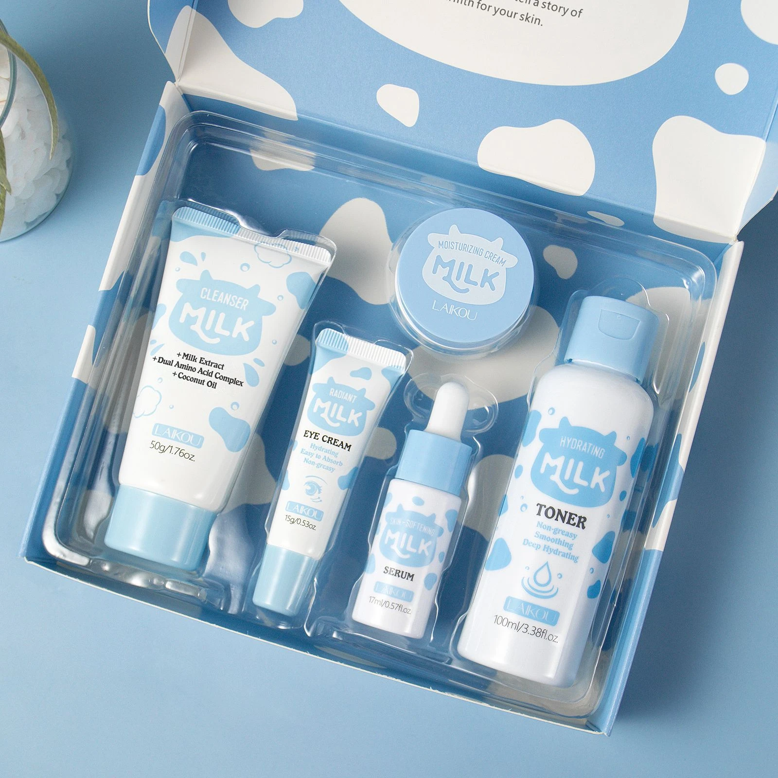 LAIKOU Milk 5Pcs Skincare Set, Moisturizing Hydrating Face Care Kit, Cleanser Toner Essence Eye Cream Cream for Women