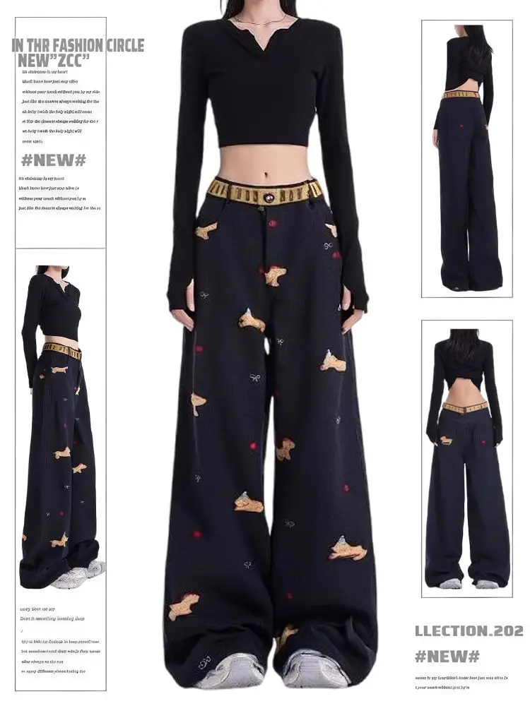 Trendy Vintage Cartoon Dog Embroidery Straight Leg Jeans Spring New Age Reduction Casual All Match Wide Leg Pants Women Jeans