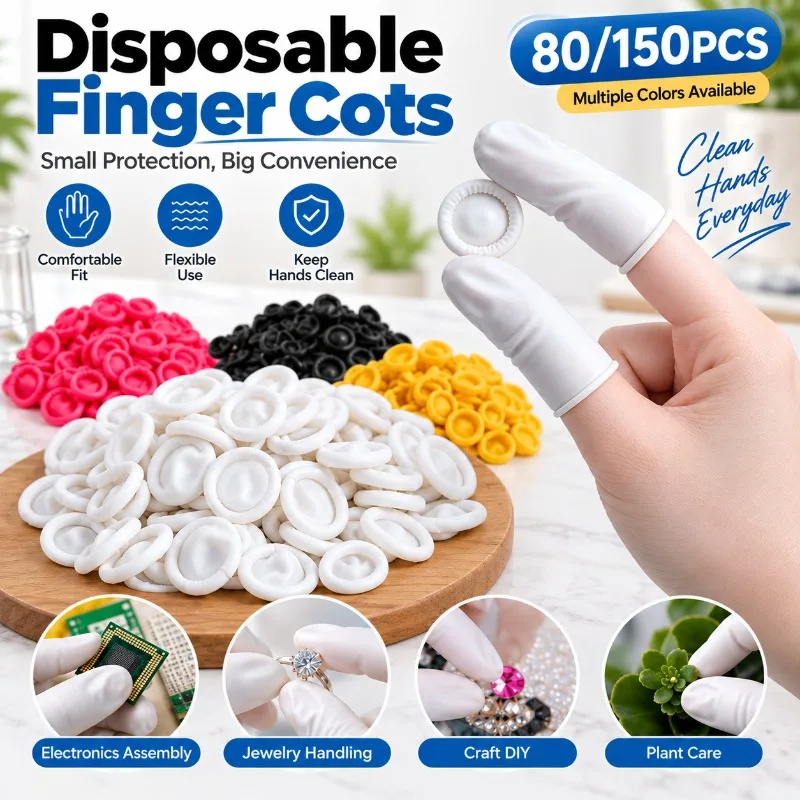 80/150PCS Disposable Latex Finger Cots Powder Free Finger Sleeves Anti Slip for Nail Art Electronics Jewelry Craft Daily Use
