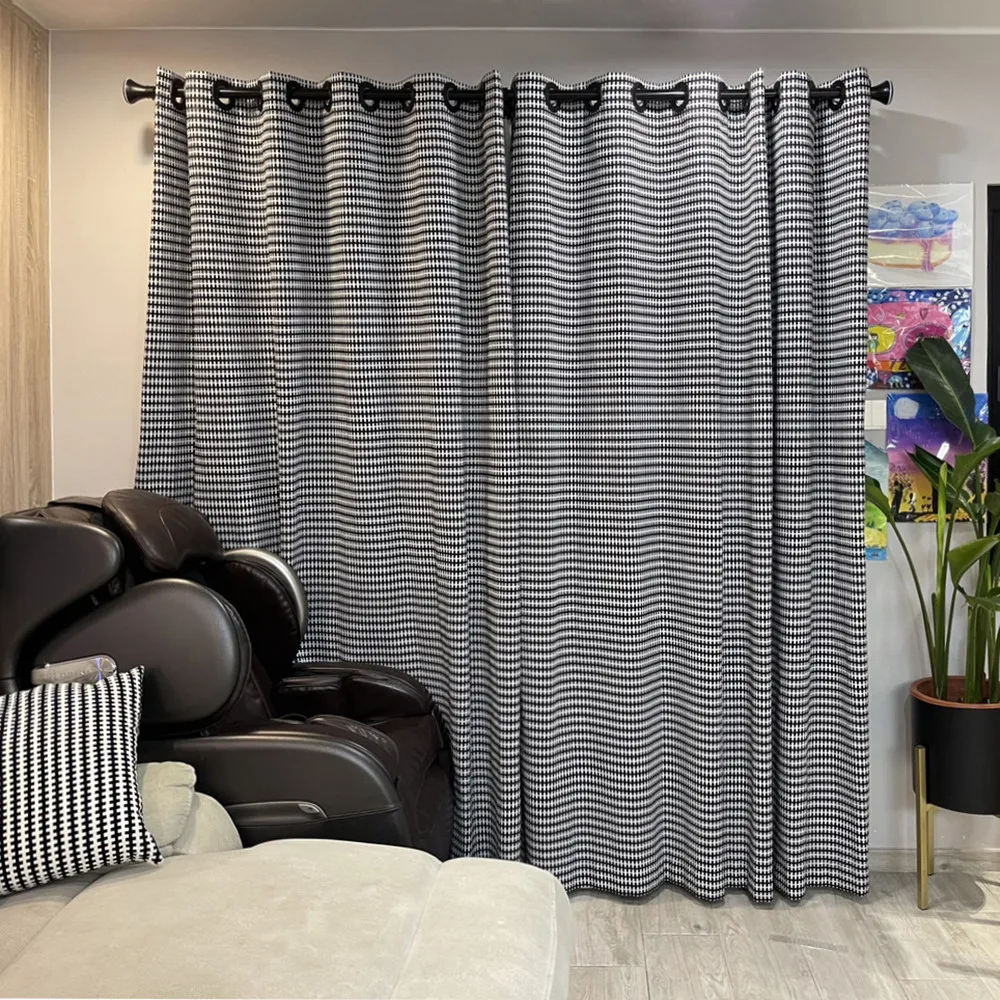 Simple Black and White Checkered Fishbone Patterned Thick Curtains for Double-sided Shading for Bedroom and Living Room Curtains
