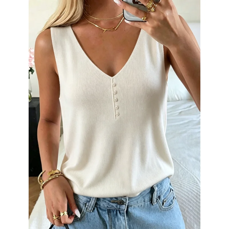 Chic Women New Thin Ice‑Silk Knitted Vest Solid‑Color V‑Neck Sleeveless Slim‑Fit Button‑Decor Simple Casual Fashion Blouse Tops