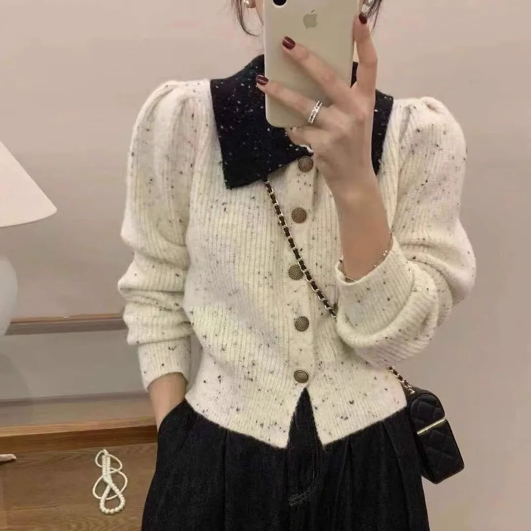 

French Style Small Fragrance Design Fashionable Pile Shoulder Autumn Winter New Single-Breasted Turn-Down Collar Elegant Sweater