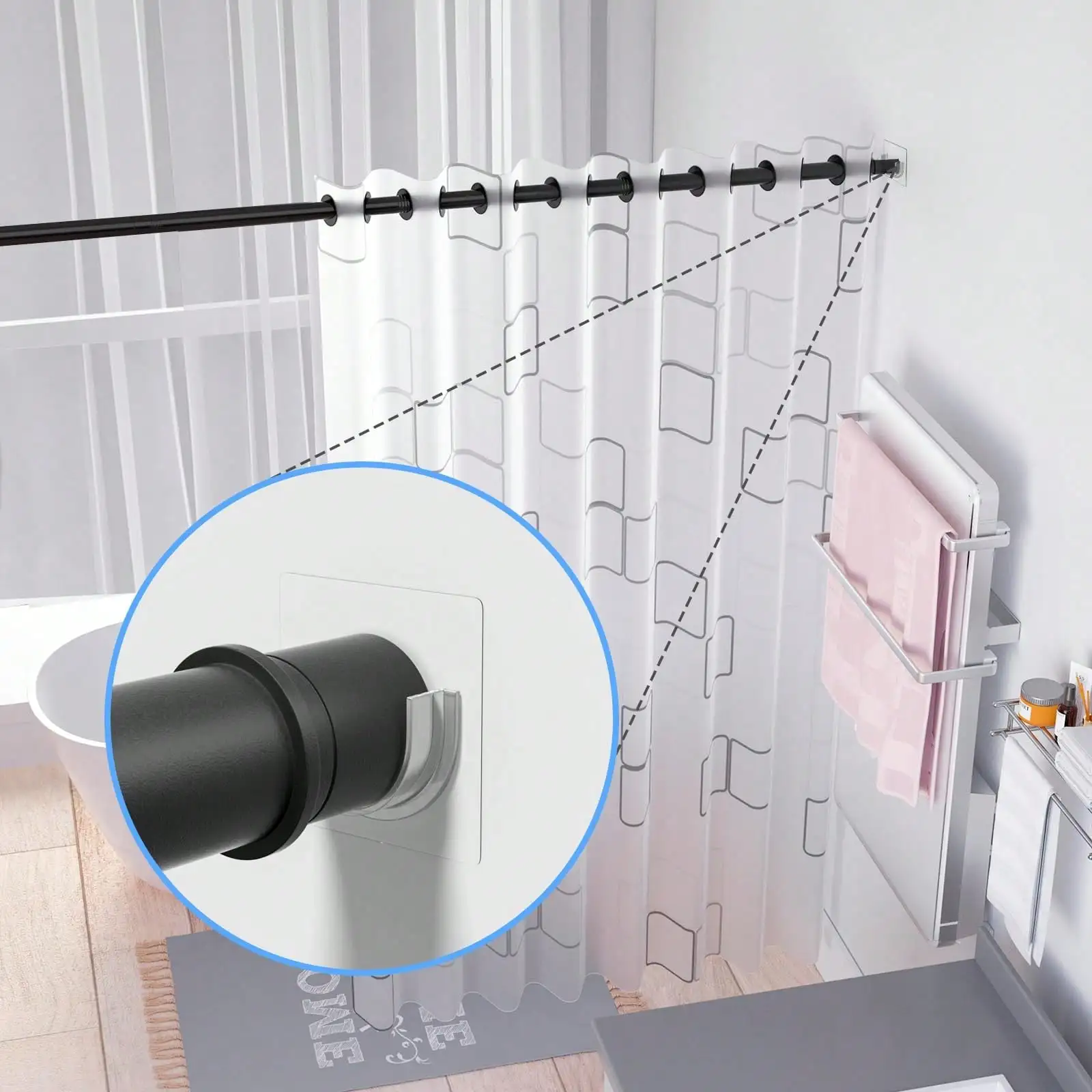 2Pcs No Drilling Adhesive Shower Rod Holder Tension Curtain Rod Bracket Retainer Self Adhesive Wall Mount Fixator for Bathroom Shower Curtain Rod Shower Curtain Rod Not Included