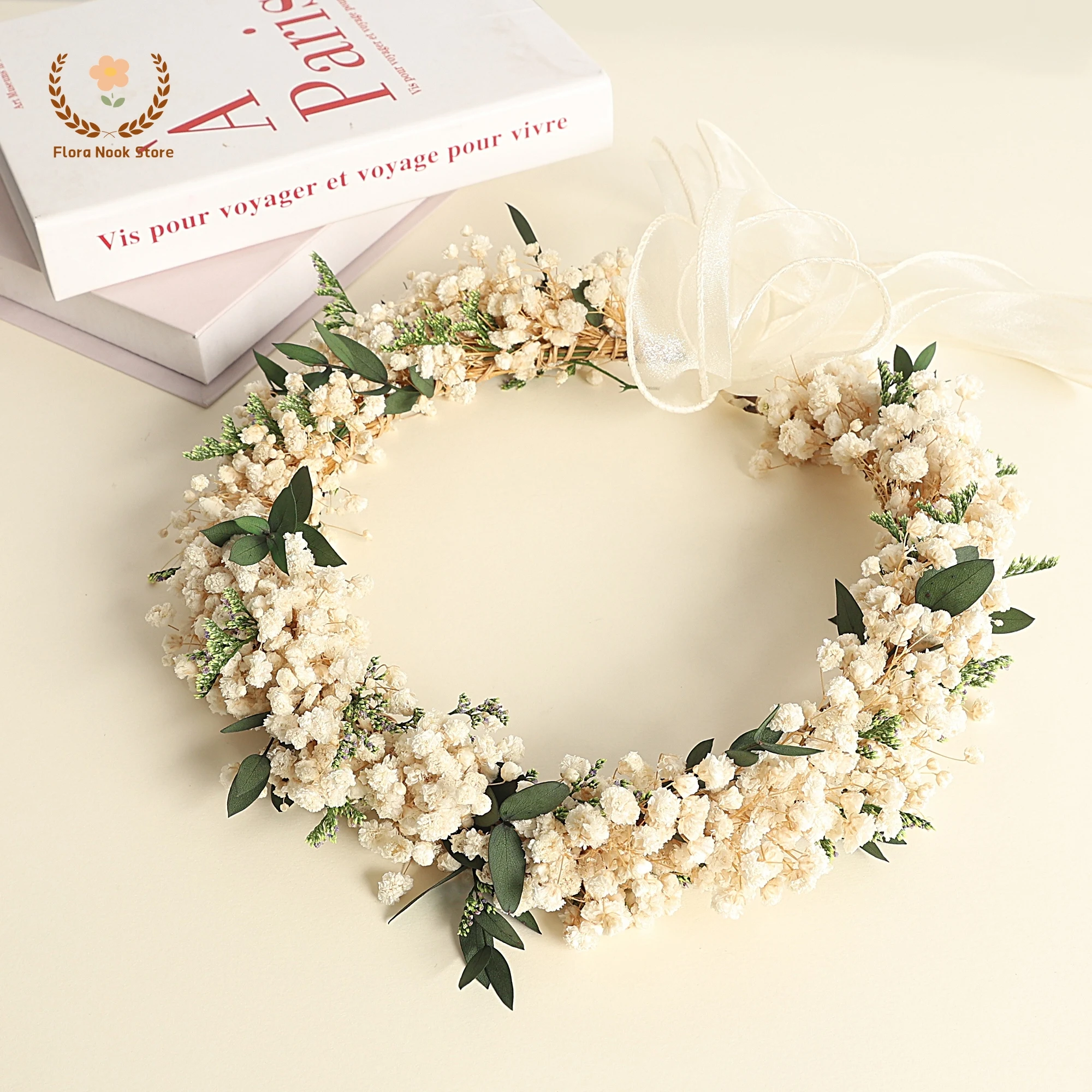 Imagen 5: Corona de aliento de bebé hecha a mano, flores secas, hojas de eucalipto, corona Gypsophila, diadema de novia, decoración de pelo de boda para niña