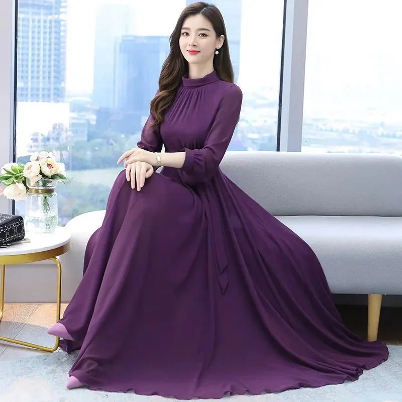 2025 Women\'s Dresses New Spring Summer Autumn Winter New Fashion Pure Color Lace Up Long Sleeve Elastic Waist Long Party Pleated