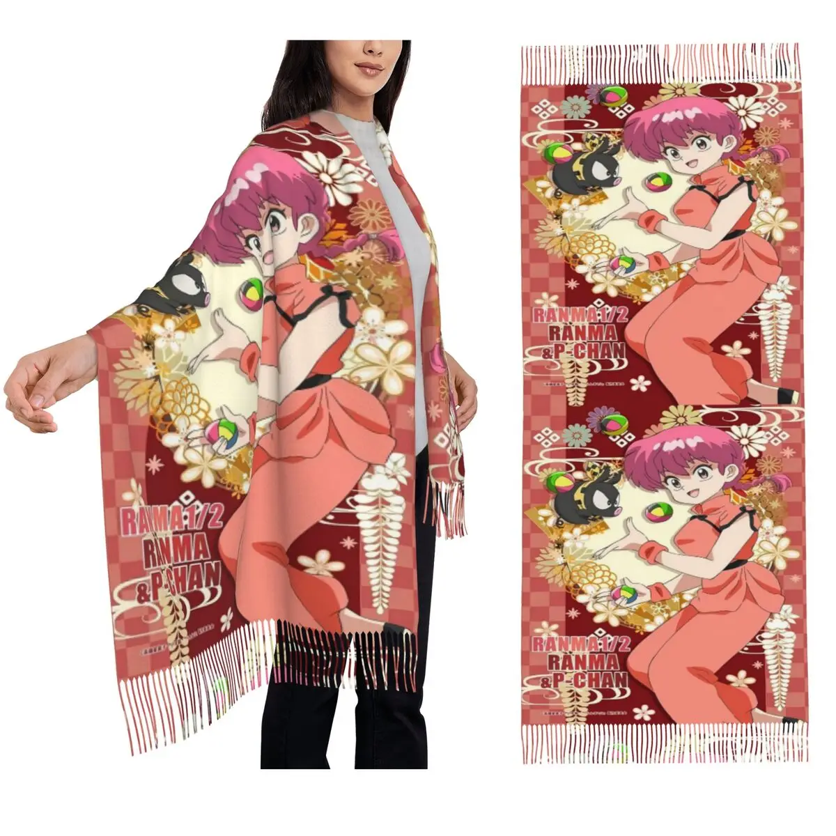 

Ranma Saotome Pig Girls Scarf Tassel Scarves for Women Soft Warm Shawls and Wraps Long Fall Winter Shawl Wrap