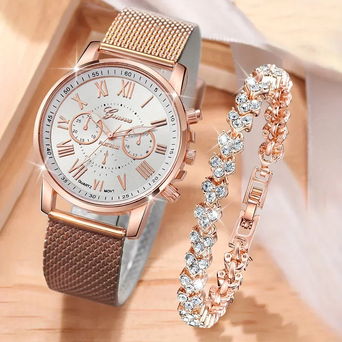 2pcs/set Elegant Women's Quartz Watch with Rhinestone Bracelet - Perfect Gift for Mom and Her Sophisticated Style