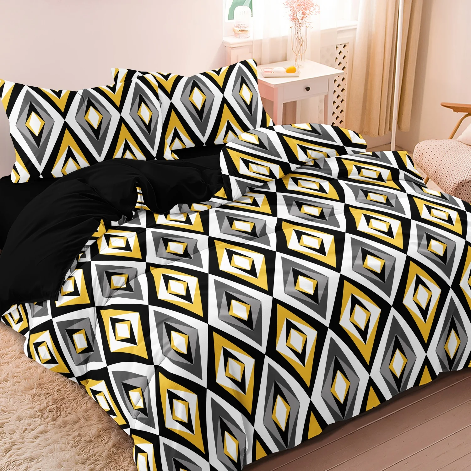 Black Yellow White Grey Rhombus Geometric 3 Pieces Duvet Cover Set, Modern Layered Lattice Minimalist Print Bedding