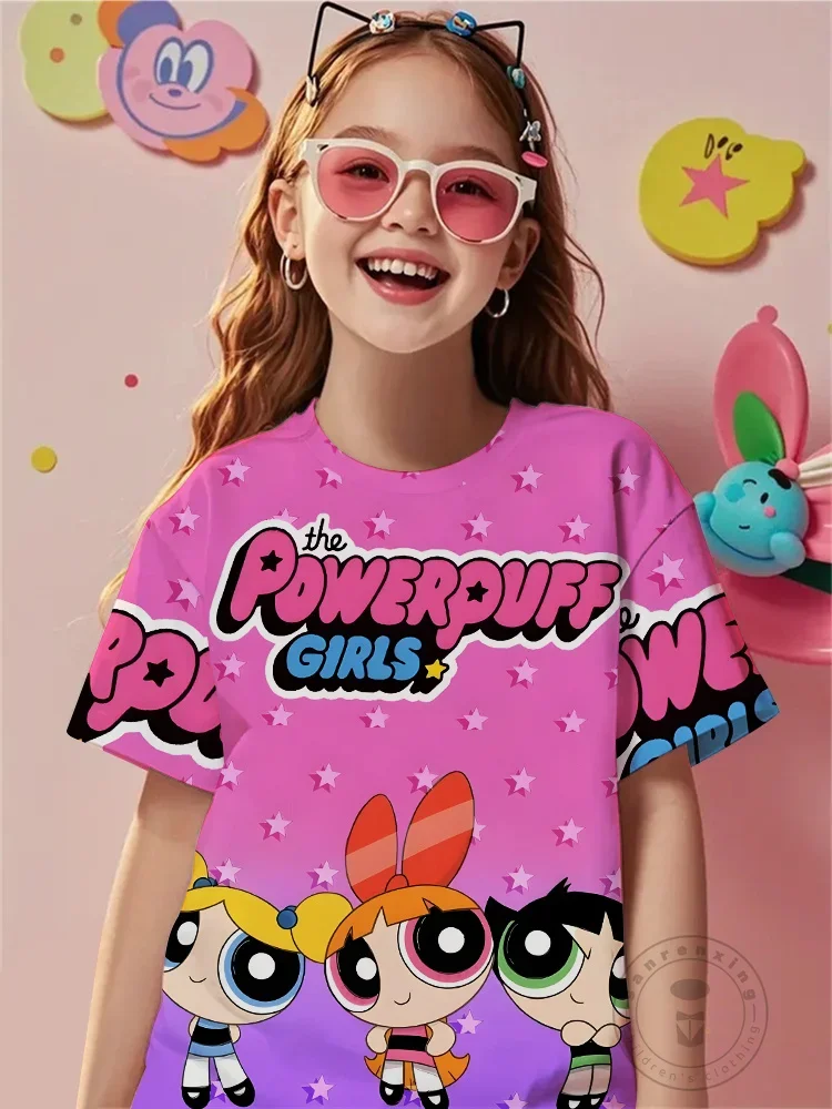 

Лучшее качество, новая футболка с персонажем для девочек Powerpuff, летний топ с короткими рукавами и круглым вырезом с 3D принтом для мальчиков и девочек, уличная одежда с героями мультфильмов