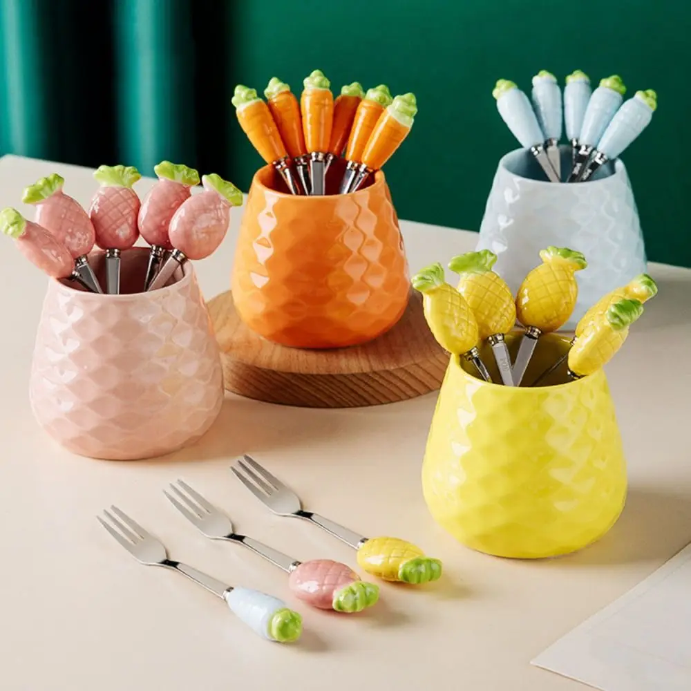 

Набор керамических вилок для фруктов в форме ананаса и моркови, в стиле Ins, для десертов, с банкой для хранения, креативный декор для дома