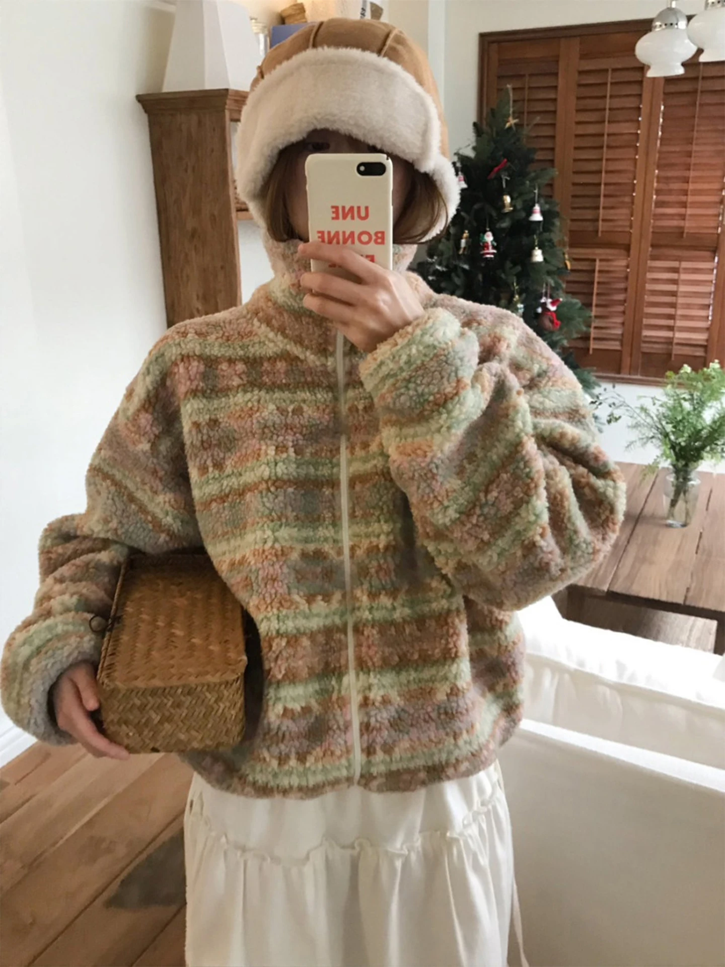 

Retro Collar Color Blo Fair Isle Embroidery Lamb Fur ort Jaet Women's Thiened Warm Cotton Coat Korean Sle Long Sve