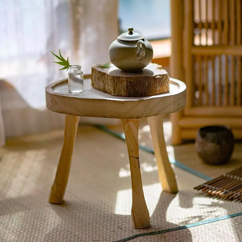 Japanese Style Solid Paulownia Wood Stool, Floor Standing Storage Decorative Small Bench for Afternoon Tea Scene