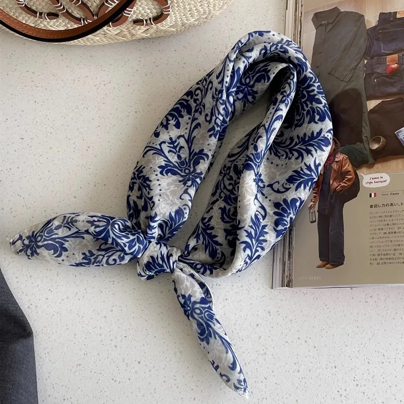 Mehrfarbiger Baumwoll-Leinen-Quadrat-Schal für Damen mit Blumenmuster und Punkten, Halstuch, Stirnband, Boho-Taschenriemen, Alltags-Accessoire