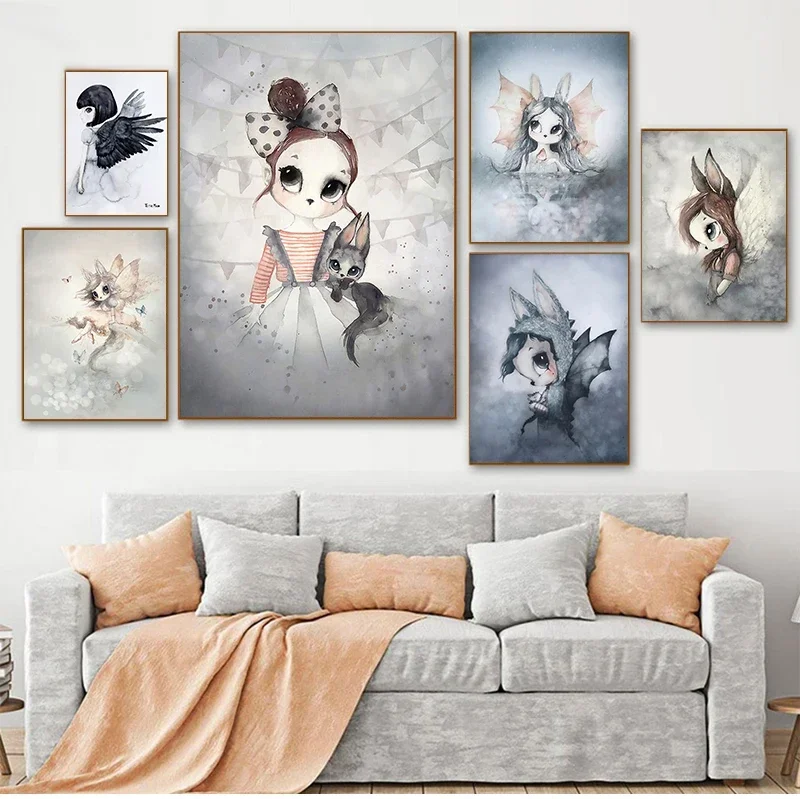 Poster Deer Rabbit Angle Wing Animal Abstract Sweet Living Room Home Decor Picture Print Nordic Girl Bedoom Wall Canvas Painting