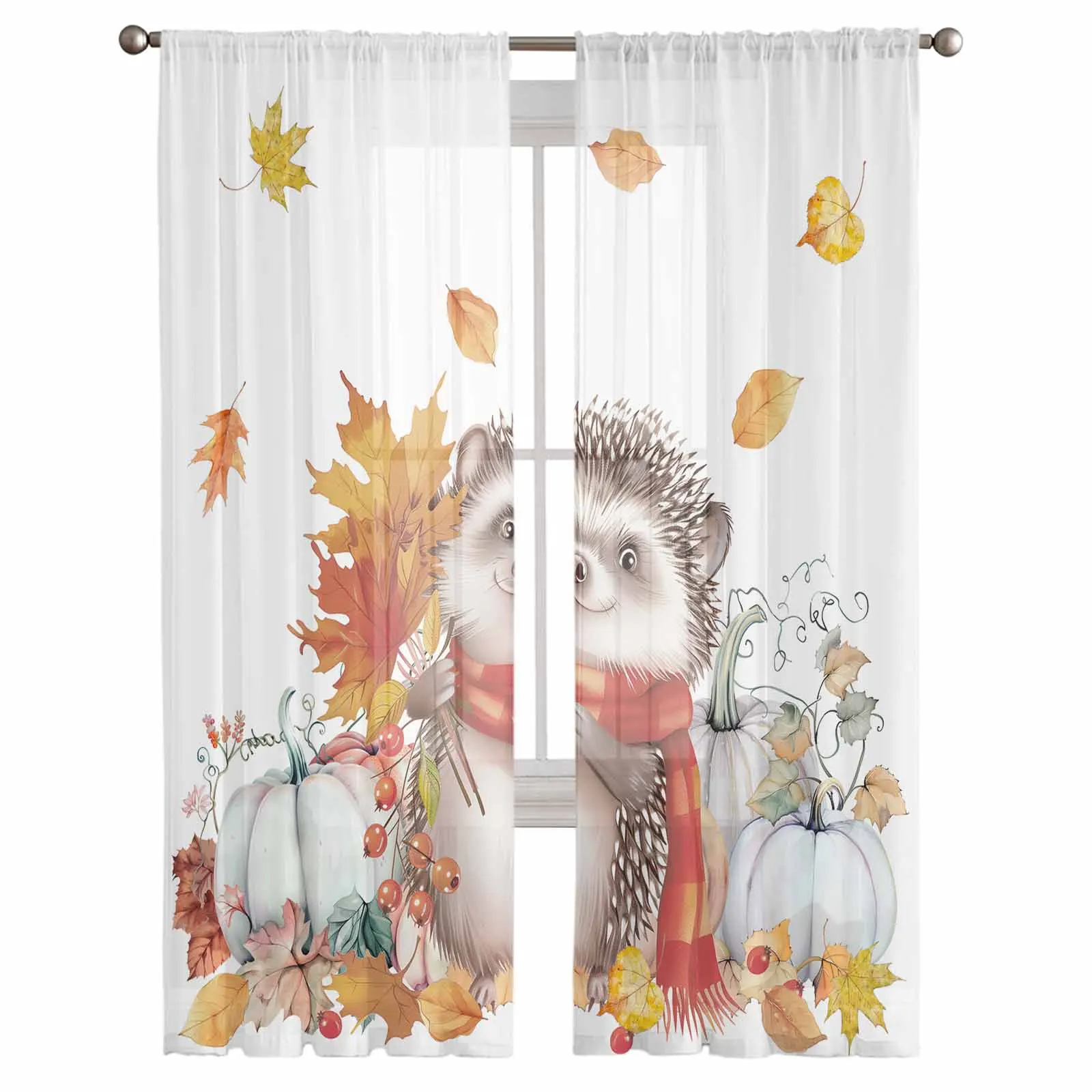 Thanksgiving Pumpkin Leaves Pine Cones Curtains Living Room Bedroom Kitchen Decoration Window Voiles Organza Tulle Curtain