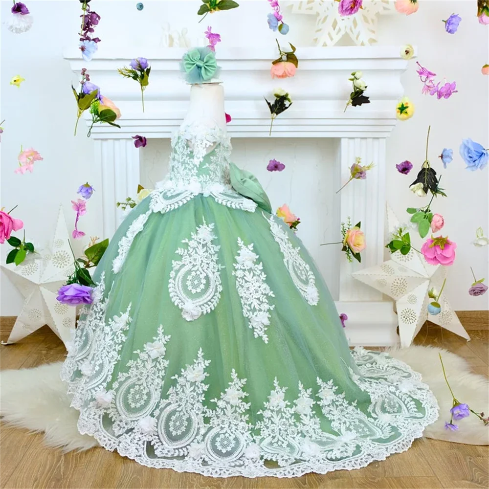 

Mint Green White Lace Appliqué Girl Evening Dresses Flower Girl Dress First Communion Birthday Prom Party Custom Princess