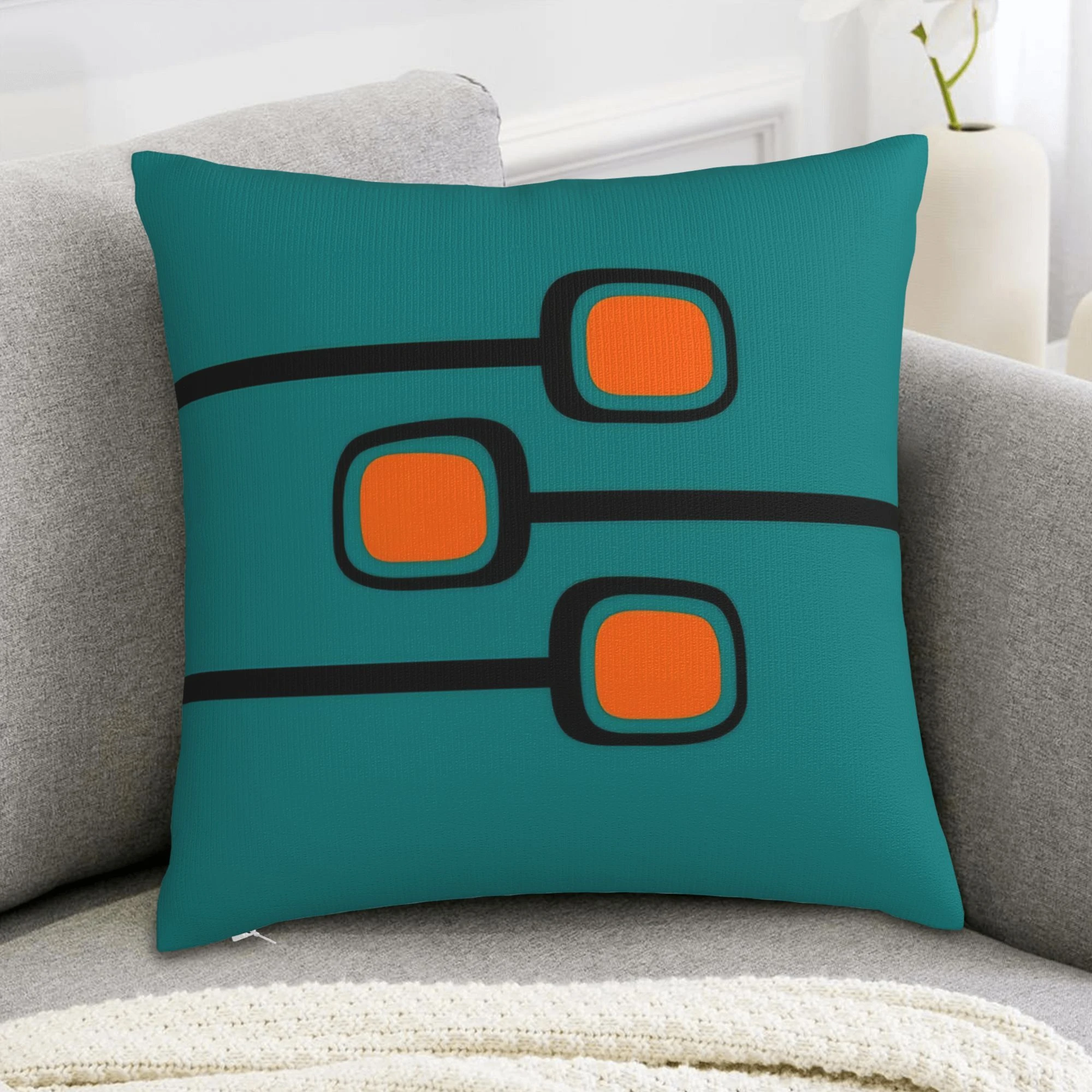 1pc Mid Century Modern Abstract Pillow Cover, Polyester 2D Double Sided Print Cushion Case, Teal Orange Geometric Throw Pillowca