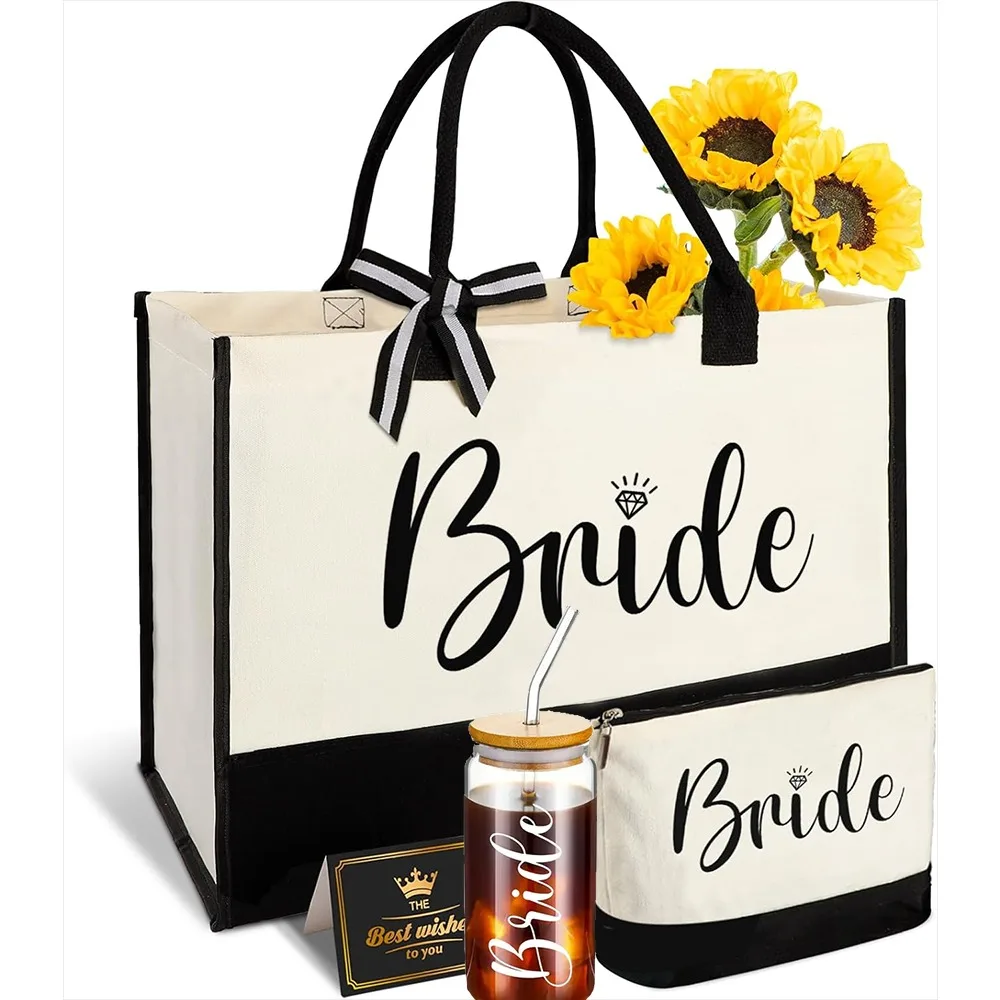 

3 Pcs Bride Gift Set for Bridal Shower Glass Cup Canvas Tote & Makeup Bag Perfect Honeymoon Travel Essentials Bachelorette Gift