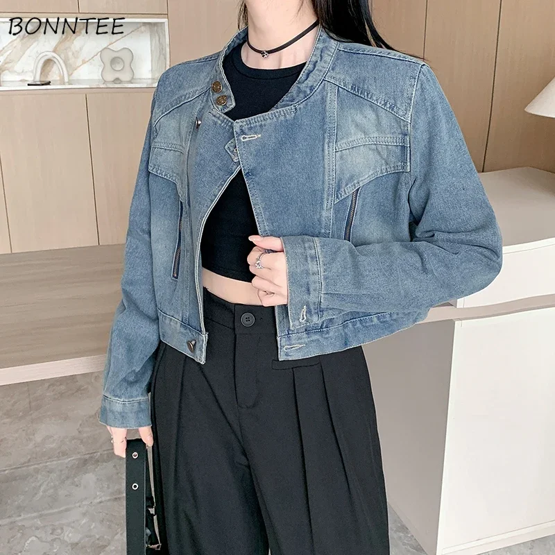 

Denim Jackets Women Vintage Loose Fit All-match Cropped Casual Zipper Korean Fashion Outwear Autumn Cool Girls Streetwear Y2k