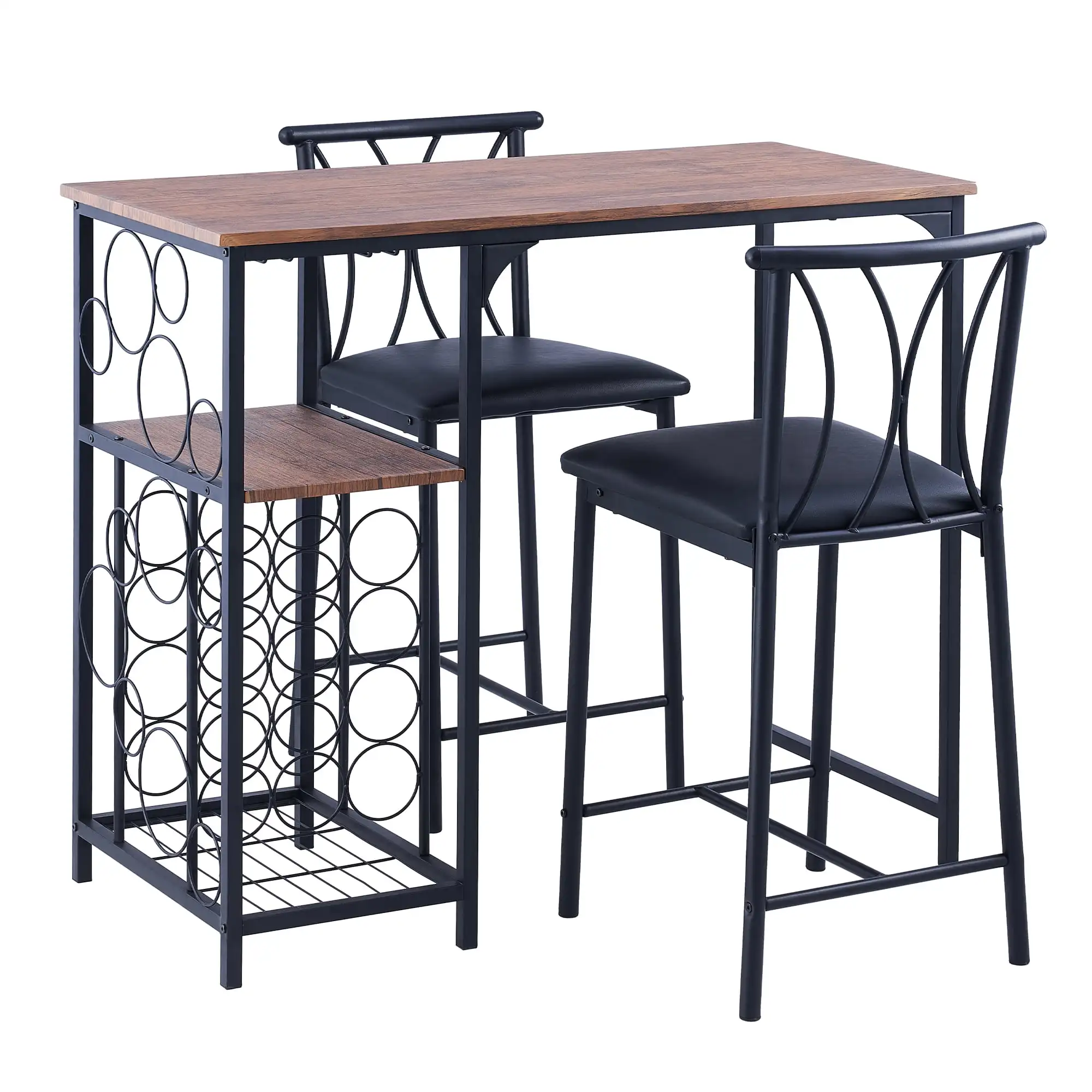 3 Pieces Bar Table Set Counter Height Bar Dining Table with Stools Set Wine Rack & Glass Holder Wood Brown