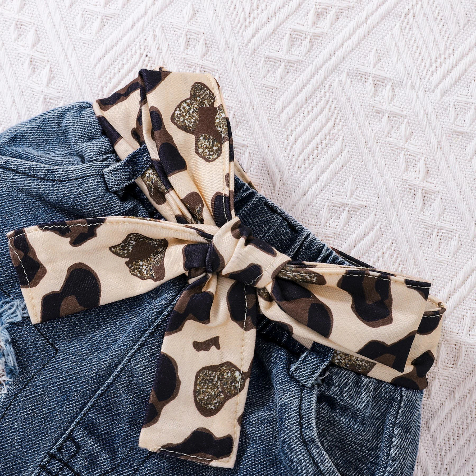 PatPat 3pcs Baby Girl 100% Cotton Leopard Print Belted Ripped Denim Skirt and Letter Print Rib Knit Long-sleeve Romper