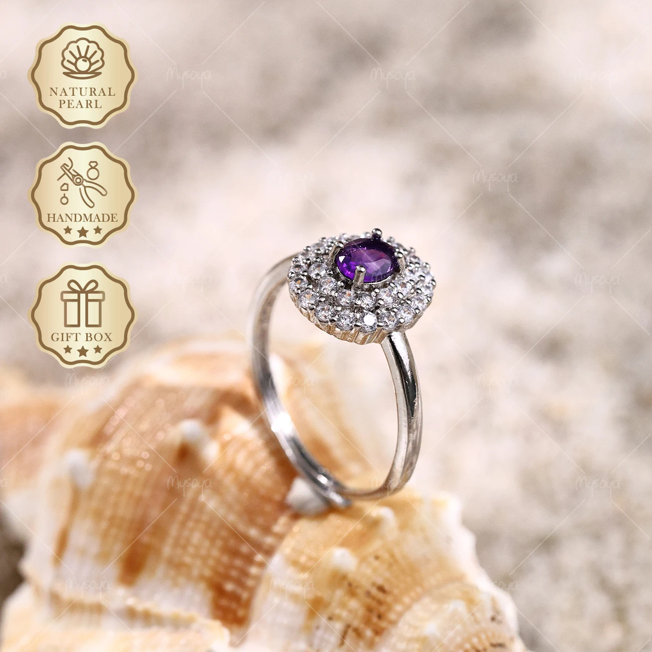 MYSOYA Silver-Plated Simple CZ Ring with Natural Amethyst, 4×5mm Amethyst 0.32ct, Gift Box Included, February Birthstone SC36