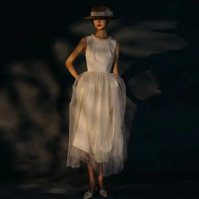 Robe de Soirée Plissée en Tulle Imprimé pour Femme, Tenue Élégante à Col Rond, Simple et Mi-Longue, à la Mode Française, Nouvelle Collection 2023