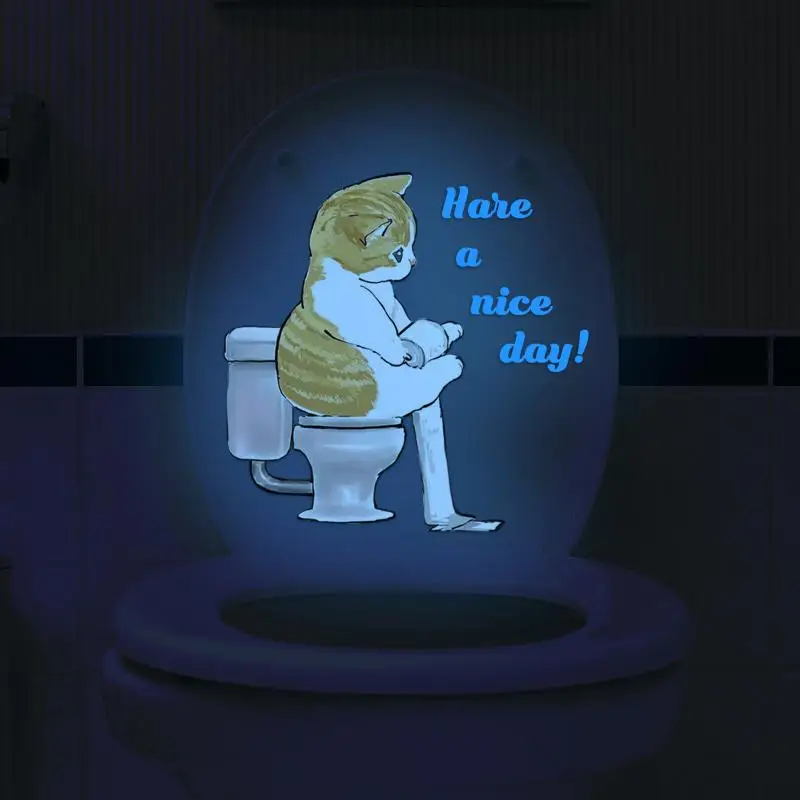 1pc Bathroom Luminous Cat Squatting Toilet English Slogan Toilet Sticker Self-Adhesive Beautify Home Decor