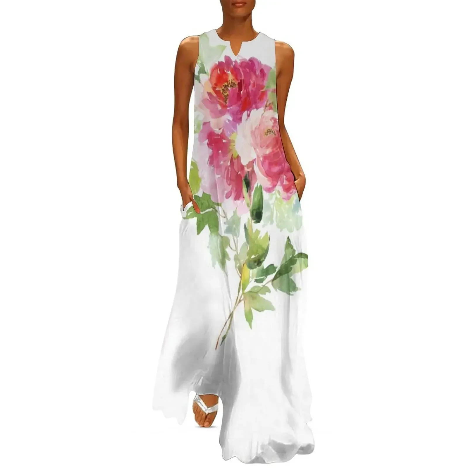

Wild Peonies Bouquet in Pink Watercolor Long Dress women long dresses dress for women summer evening dress ladies