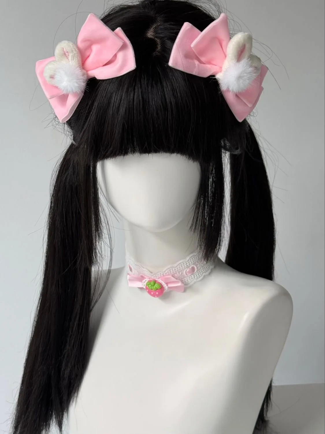 Kawaii Frauen Lolita Mädchen Haarspange Niedliche Kaninchen Hase Plüsch Ball Haarnadel Rosa Band Schleife Lolita Cosplay Haarschmuck