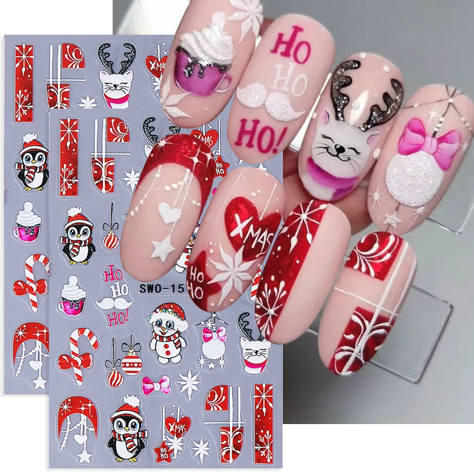 2 pezzi adesivi per unghie di Natale simpatico pinguino alce fiocco di neve agrifoglio regalo adesivo in rilievo decalcomanie per unghie decorazione manicure fai da te cursori