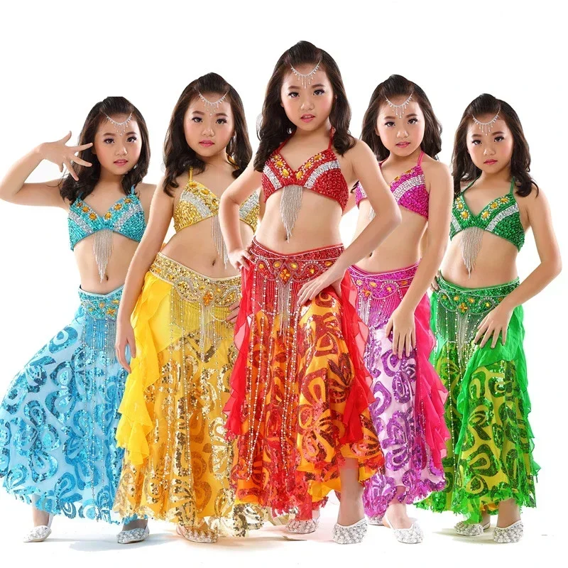 New Children Belly Dance Performance Clothes 3-piece Set Oriental Outfit Belly Dance Costume Set Competition Full Skirts #832