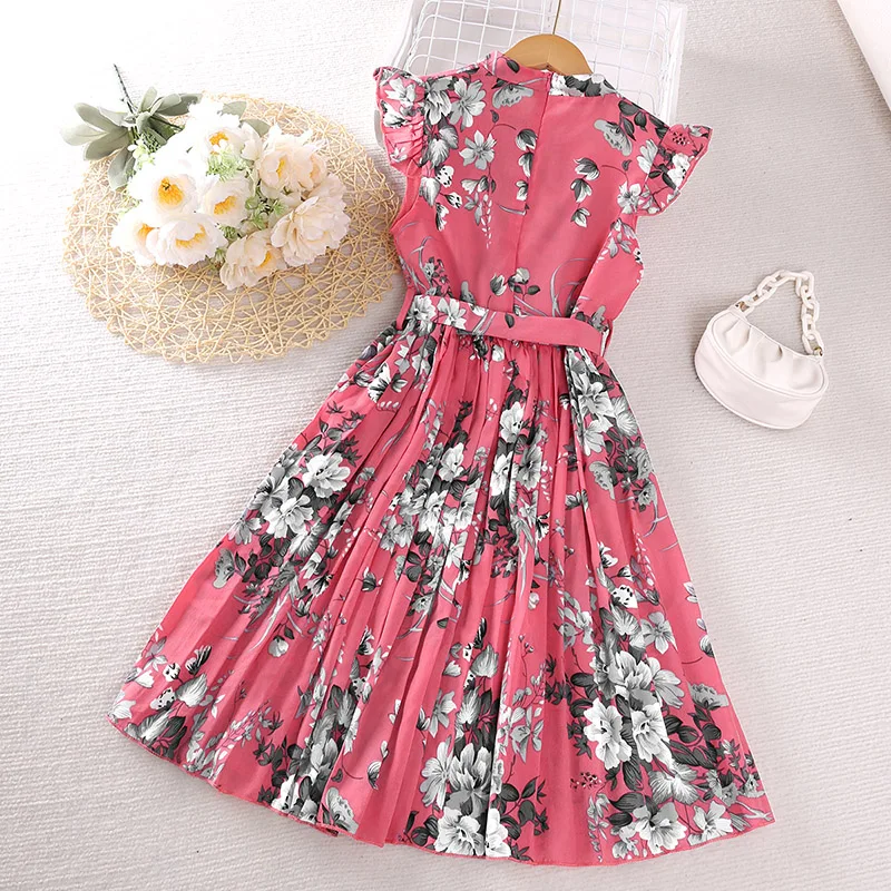 Kids Dress For Girls Floral Print Fly-sleeve Pleated Dress Summer Clothes Casual Style Dress