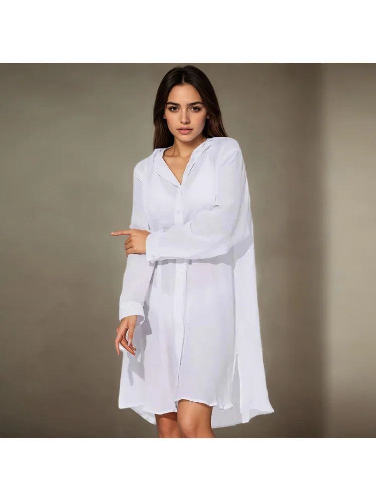 Women's Long Sleeve Button Down Tunic Dresses Beach Cover-ups Oversized Blouse Tops Bikini Bathing Suit