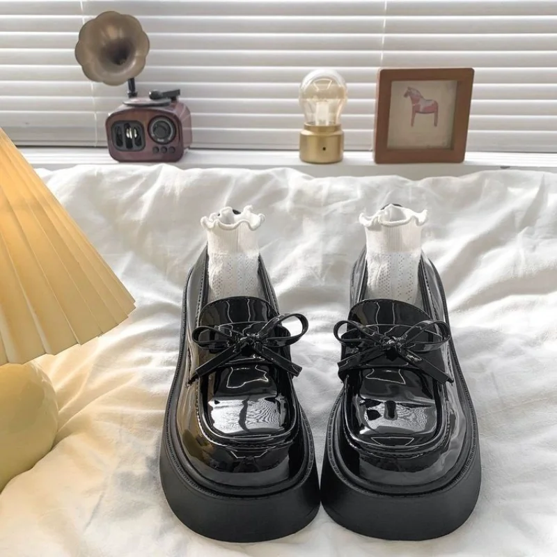 Spring Autumn Bow Platform Loafers, Japanese JK Academy Vintage Height Increasing Slip-On Chunky Platform Student Commuter Shoes