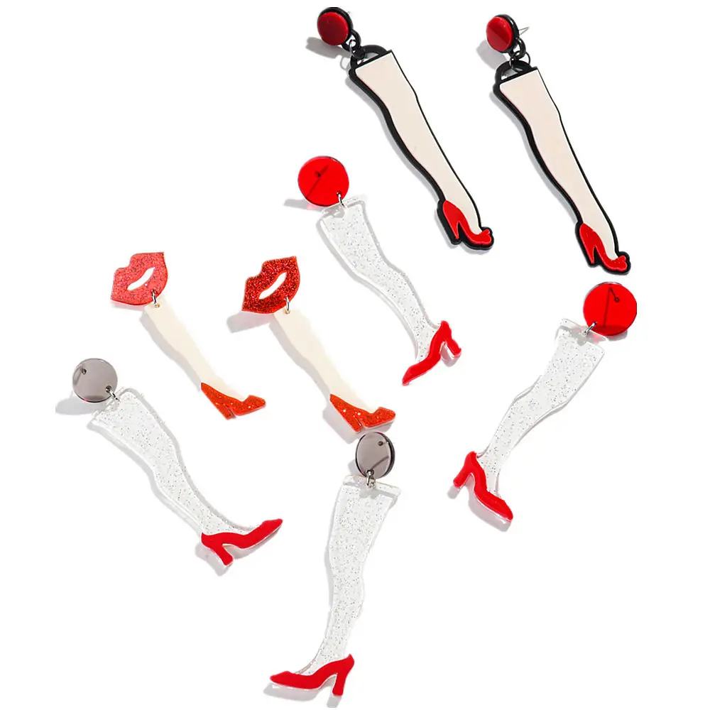 Exaggerated Long Leg High Heel Lips Drop Earrings Glitter Acrylic Leg Pendant Earring for Women Funny Charm Jewelry