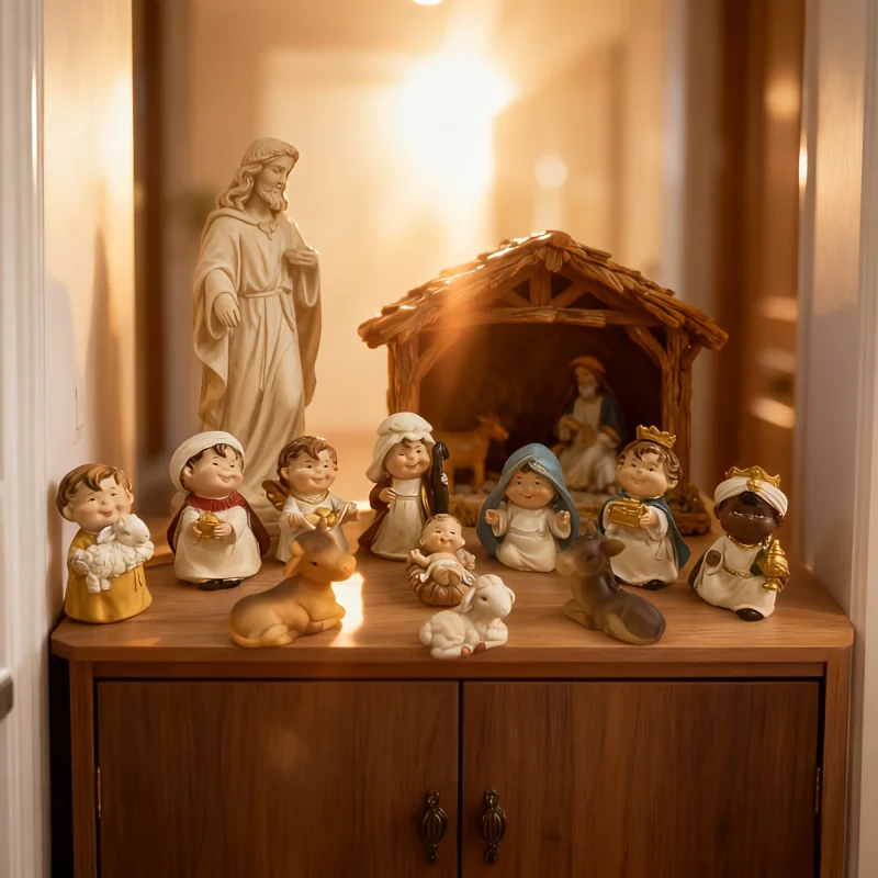 11Pcs Cute Mini Nativity Scene Figurine Set, Christmas Holy Family Wise Men Angel Sheep Cow Donkey Resin Statue, Tabletop Religi