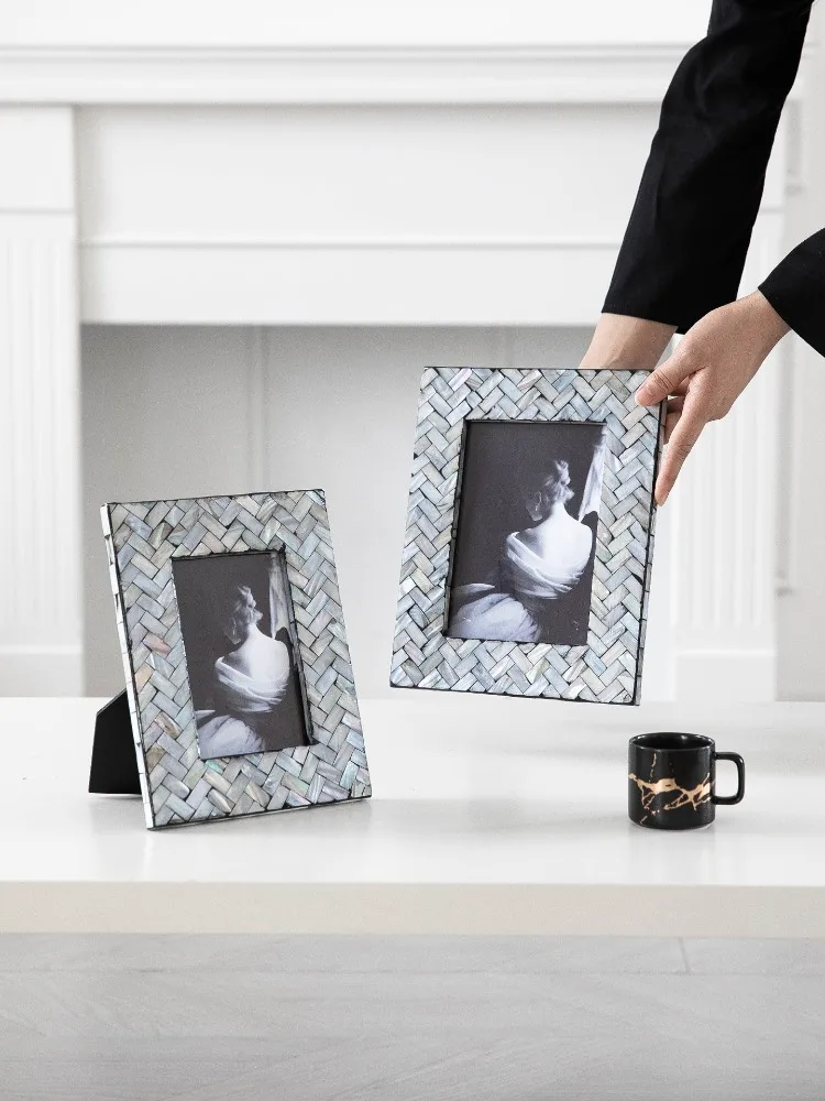 Natural Shell Photo Frame, Handmade Horizontal Vertical Picture Frame, Elegant Art Display Stand for Desktop Tabletop Home Decor