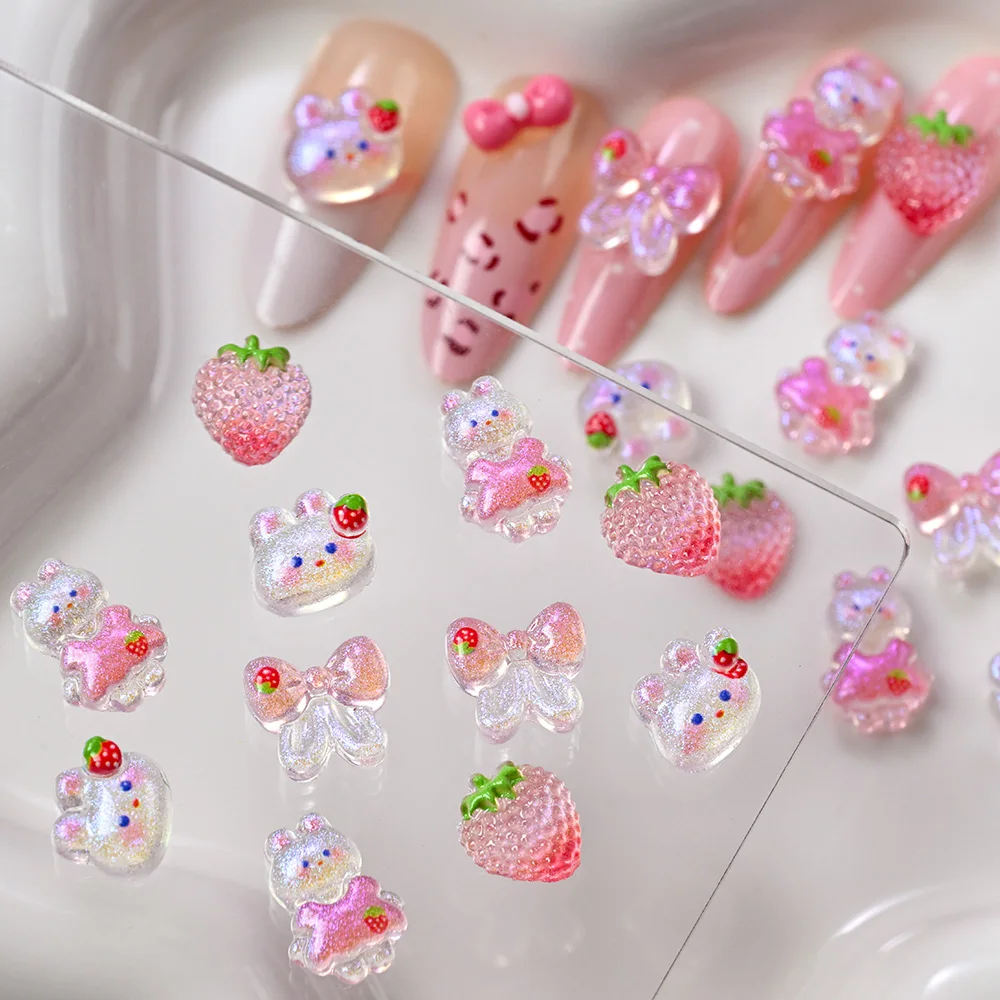 50 Pz 3D Misto Fragola Coniglio Parti Del Chiodo Pendenti e Ciondoli Rosa Del Fumetto Lucido Arco Coniglietto Y2K Decorazione Del Chiodo Della Resina Unghie artistiche Accessori * &